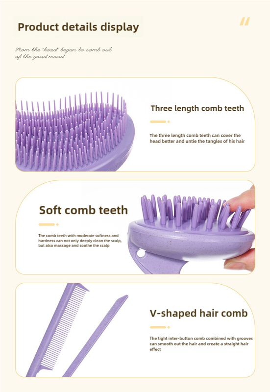 Pink Eco-Friendly Wheat Straw Hair Care Set - Massage Brush, Detangling Comb, and V-shaped Comb for All Hair Types