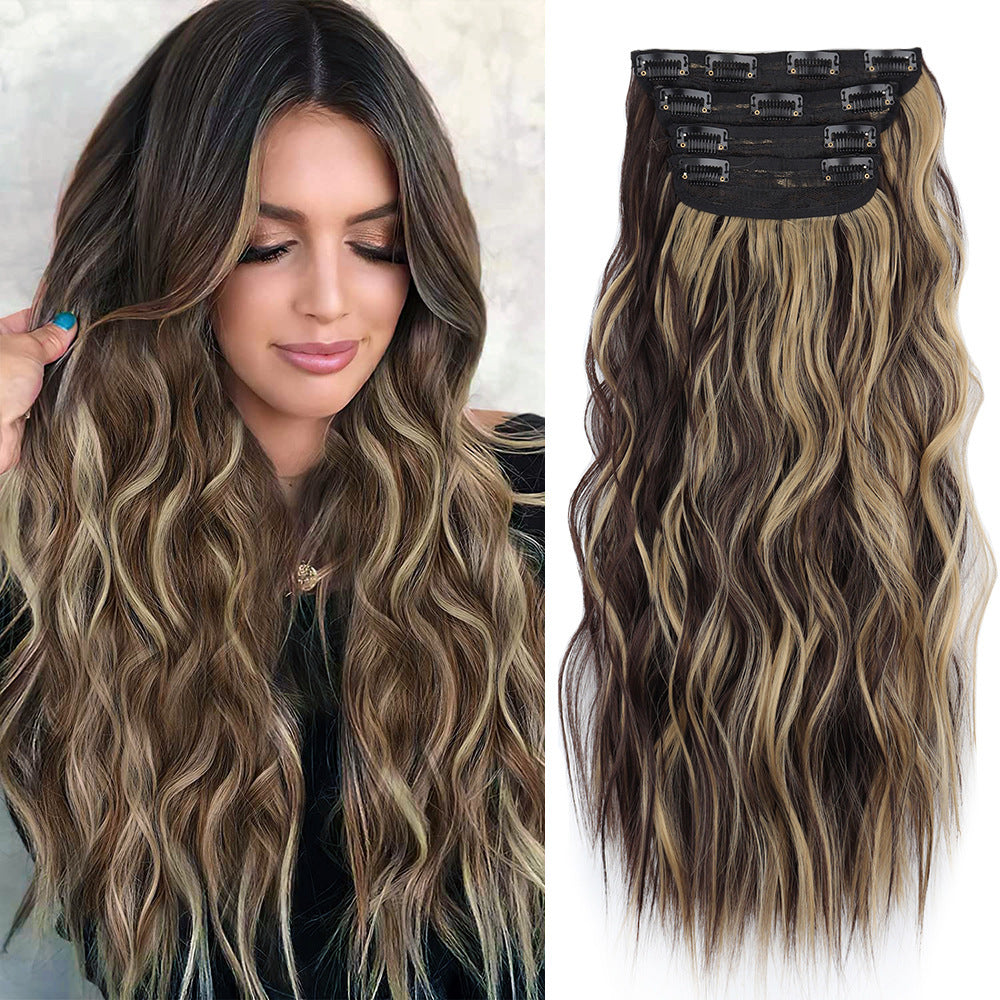 4 Pcs Set Brown High-Quality Wavy Clip-In Hair Extensions Set - 50cm, 200g, Synthetic Fiber - Voluminous Beach Waves for Instant Hair Makeover