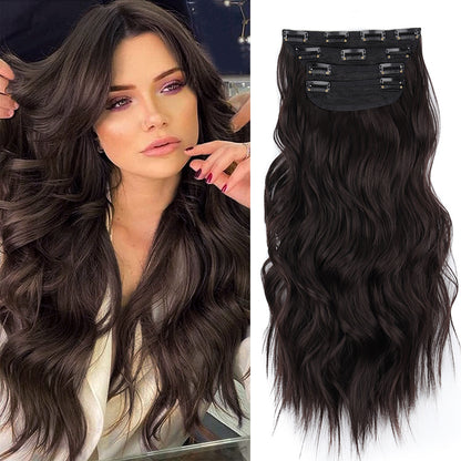 4 Pcs Set Dark Brown High-Quality Wavy Clip-In Hair Extensions Set - 50cm, 200g, Synthetic Fiber - Voluminous Beach Waves for Instant Hair Makeover