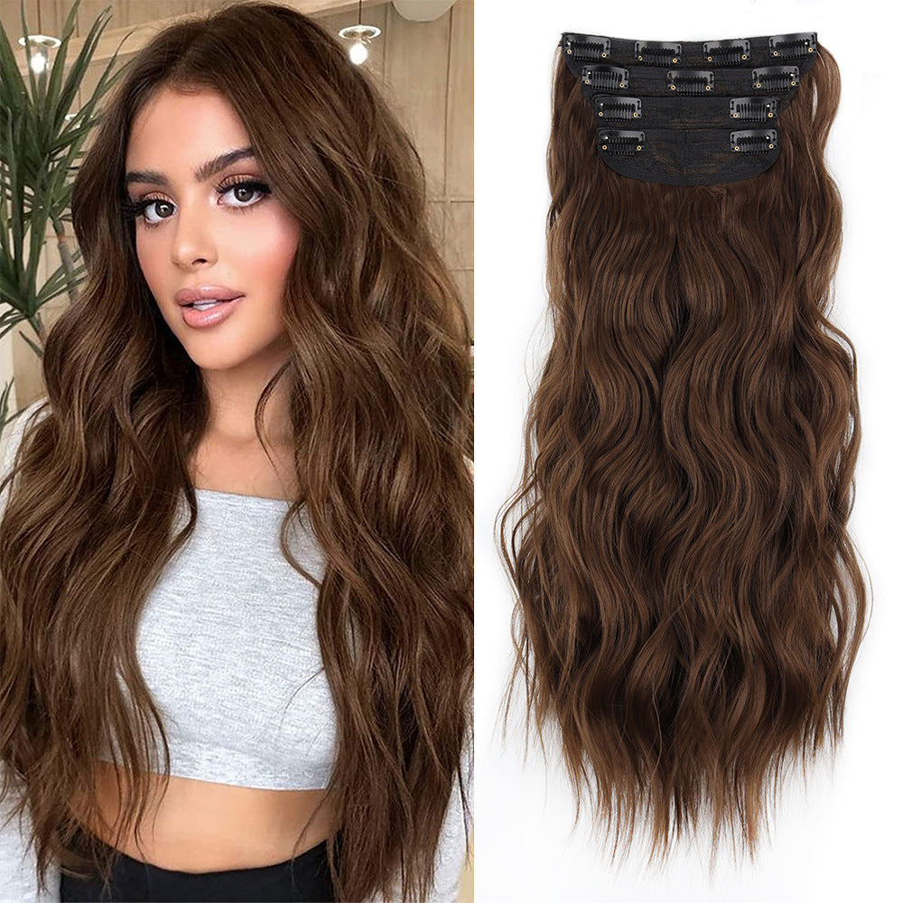 4 Pcs Set Coffee High-Quality Wavy Clip-In Hair Extensions Set - 50cm, 200g, Synthetic Fiber - Voluminous Beach Waves for Instant Hair Makeover