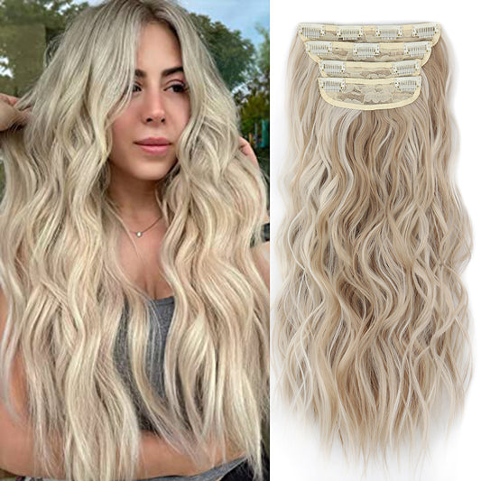 4 Pcs Set Light Gold High-Quality Wavy Clip-In Hair Extensions Set - 50cm, 200g, Synthetic Fiber -Voluminous Beach Waves for Instant Hair Makeover