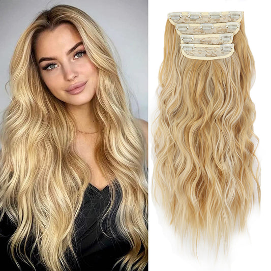 4 Pcs Set Gold High-Quality Wavy Clip-In Hair Extensions Set - 50cm, 200g, Synthetic Fiber - Voluminous Beach Waves for Instant Hair Makeover