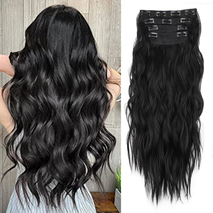 4 Pcs Set Black High-Quality Wavy Clip-In Hair Extensions Set - 50cm, 200g, Synthetic Fiber - Voluminous Beach Waves for Instant Hair Makeover