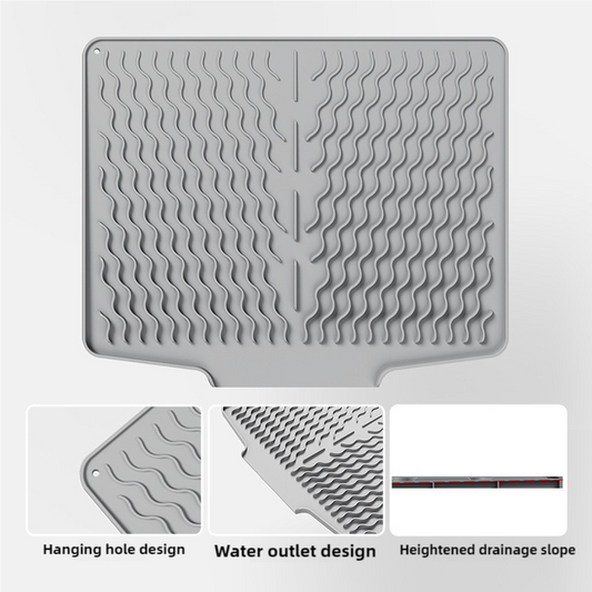 Grey Silicone Dish Drying Mat, Non-Slip Draining Pad for Sink, Heat-Resistant and Water-Absorbent, Ideal for Dishes, Cups, and Utensils