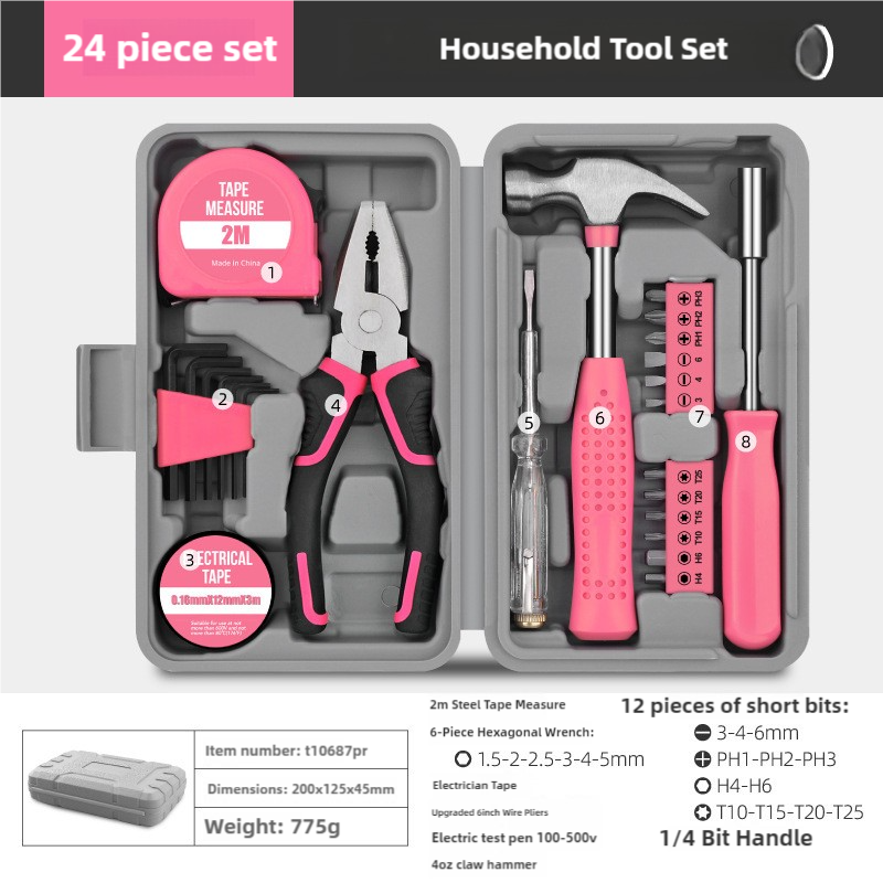 Pink 24-Piece Household Tool Set, Complete Home Repair Kit with Tape Measure, Pliers, Screwdrivers, Hammer, and 12 Bits Set