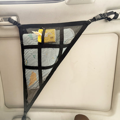 Black Car Roof Triangular Storage Net – Adjustable Ceiling Organizer for Vehicles