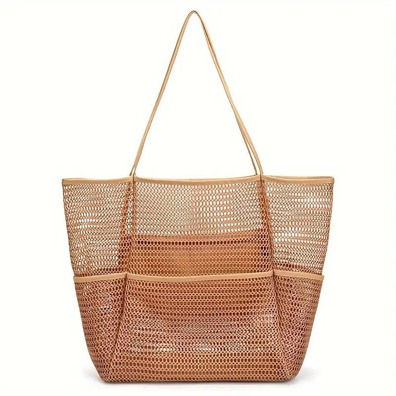 Brown Breathable Mesh Beach Tote Bag – Large Capacity Sand-Free Bag with Zipper Pocket & Multi-Purpose Storage