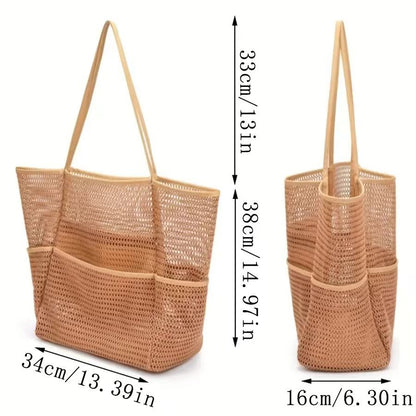 Brown Breathable Mesh Beach Tote Bag – Large Capacity Sand-Free Bag with Zipper Pocket & Multi-Purpose Storage