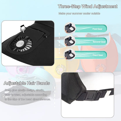 2 Pcs Black UV Protection USB Rechargeable Fan Hat - Adjustable Large Brim Sun Hat with 3-Speed Wind Control