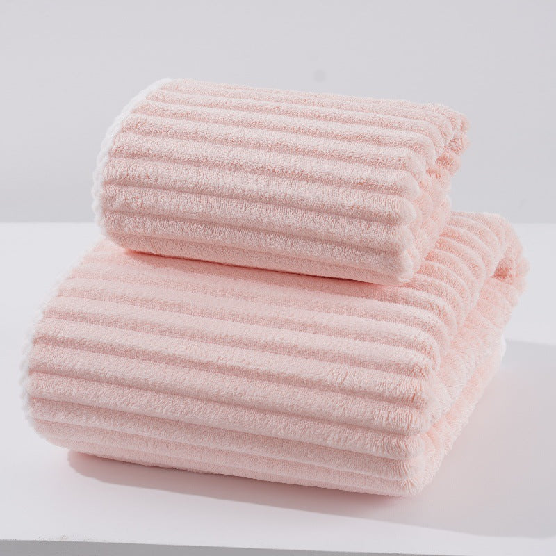 Pink Soft Candy Stripe Coral Fleece Bath Towel and Washcloth Set, Ultra Absorbent, Skin-Friendly