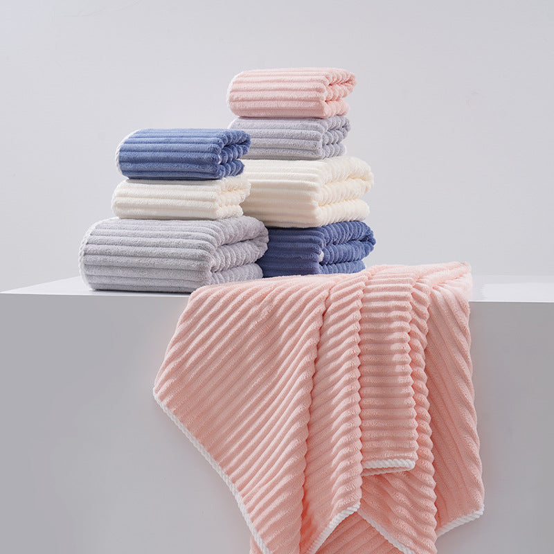 Pink Soft Candy Stripe Coral Fleece Bath Towel and Washcloth Set, Ultra Absorbent, Skin-Friendly