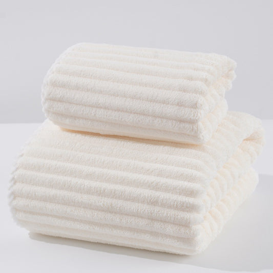 White Soft Candy Stripe Coral Fleece Bath Towel and Washcloth Set, Ultra Absorbent, Skin-Friendly