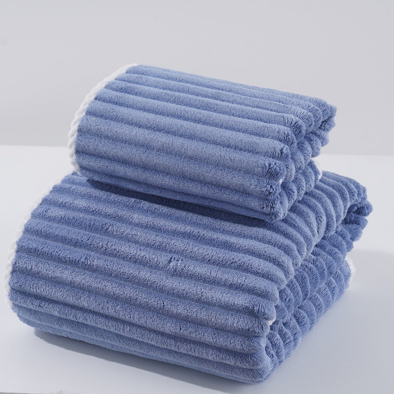 Blue Soft Candy Stripe Coral Fleece Bath Towel and Washcloth Set, Ultra Absorbent, Skin-Friendly