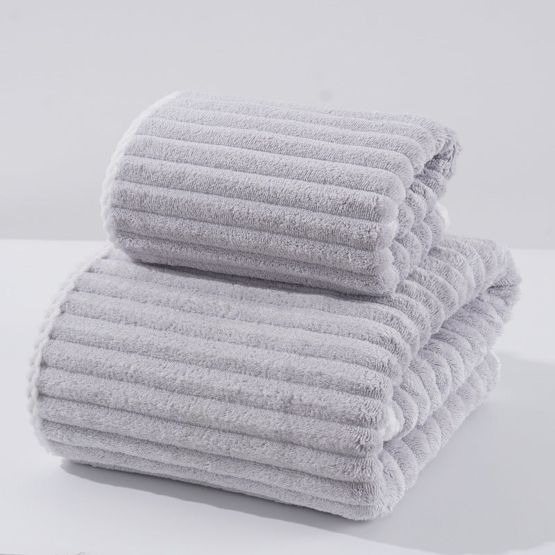 Grey Soft Candy Stripe Coral Fleece Bath Towel and Washcloth Set, Ultra Absorbent, Skin-Friendly