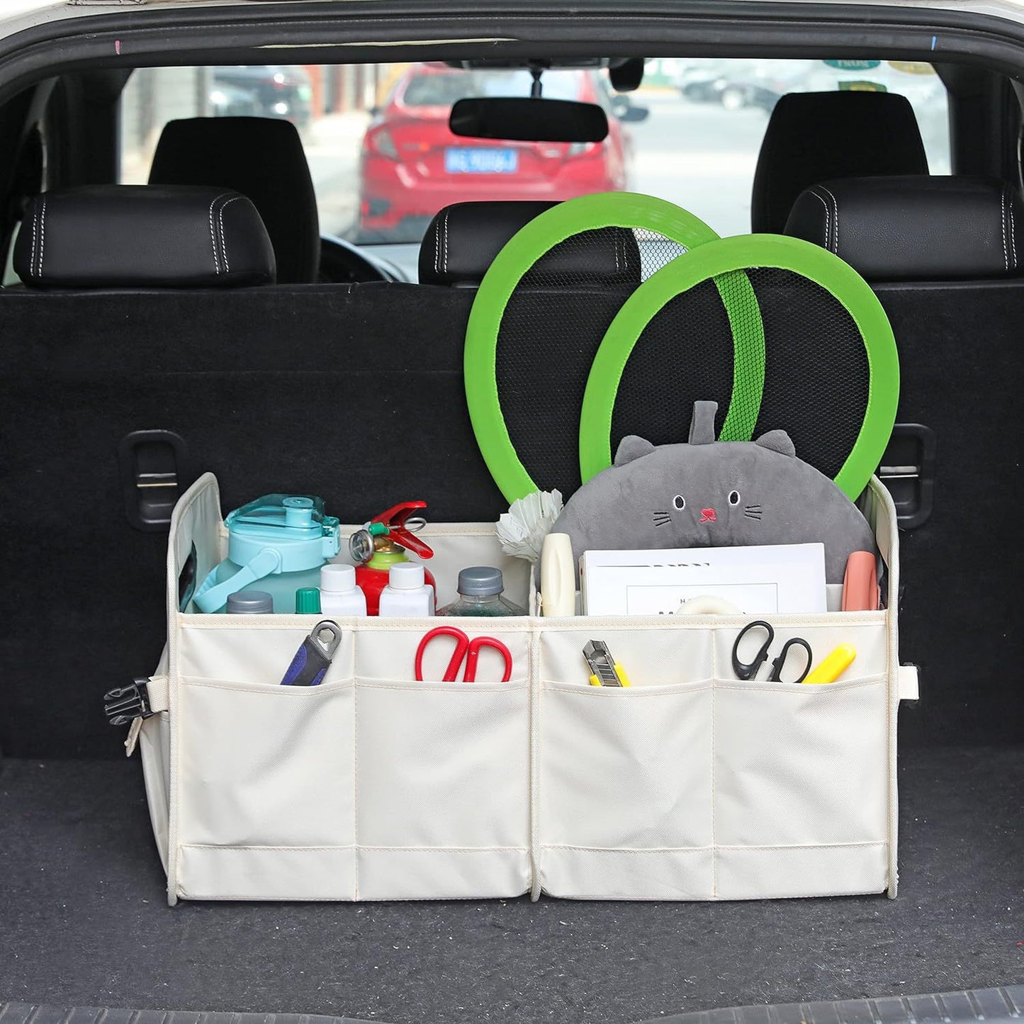 Beige Foldable Car Storage Organizer Basket - 55x32x32cm with Handles, Easy to Fold