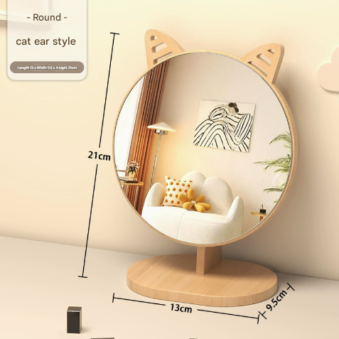 Cartoon Cat Ear Mirror Tabletop Makeup Mirror - Large Wooden Swivel Vanity Mirror for Desk