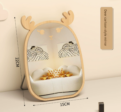 Deer Cartoon Mirror Tabletop Makeup Mirror - Large Wooden Swivel Vanity Mirror for Desk