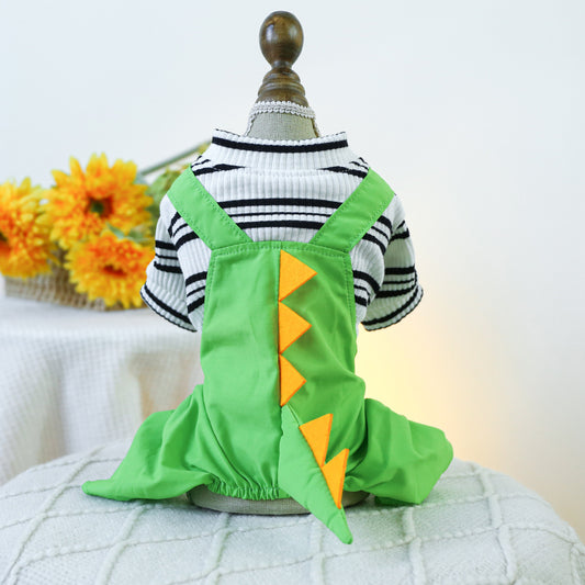 S Little Green Dragon Bib Pants Cute Four-Legged Dog Clothes - Spring/Summer Pet Outfit, Soft & Breathable