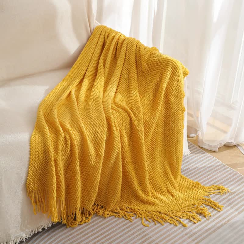 Yellow Premium Woven Knitted Throw Blanket with Tassels | Soft, Cozy Sofa & Bed Blanket, Perfect for Office or Afternoon Naps 127x172cm