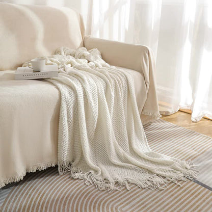 Beige Premium Woven Knitted Throw Blanket with Tassels | Soft, Cozy Sofa & Bed Blanket, Perfect for Office or Afternoon Naps 127x172cm