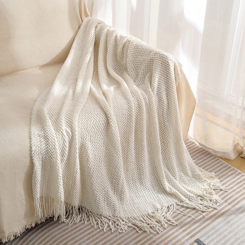 Beige Premium Woven Knitted Throw Blanket with Tassels | Soft, Cozy Sofa & Bed Blanket, Perfect for Office or Afternoon Naps 127x172cm