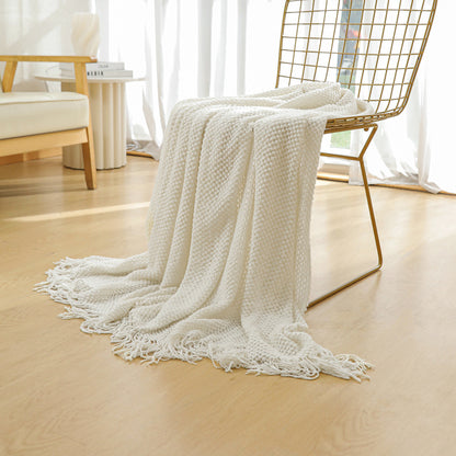 Beige Premium Woven Knitted Throw Blanket with Tassels | Soft, Cozy Sofa & Bed Blanket, Perfect for Office or Afternoon Naps 127x172cm