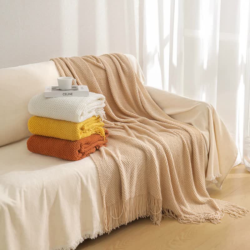 Beige Premium Woven Knitted Throw Blanket with Tassels | Soft, Cozy Sofa & Bed Blanket, Perfect for Office or Afternoon Naps 127x172cm