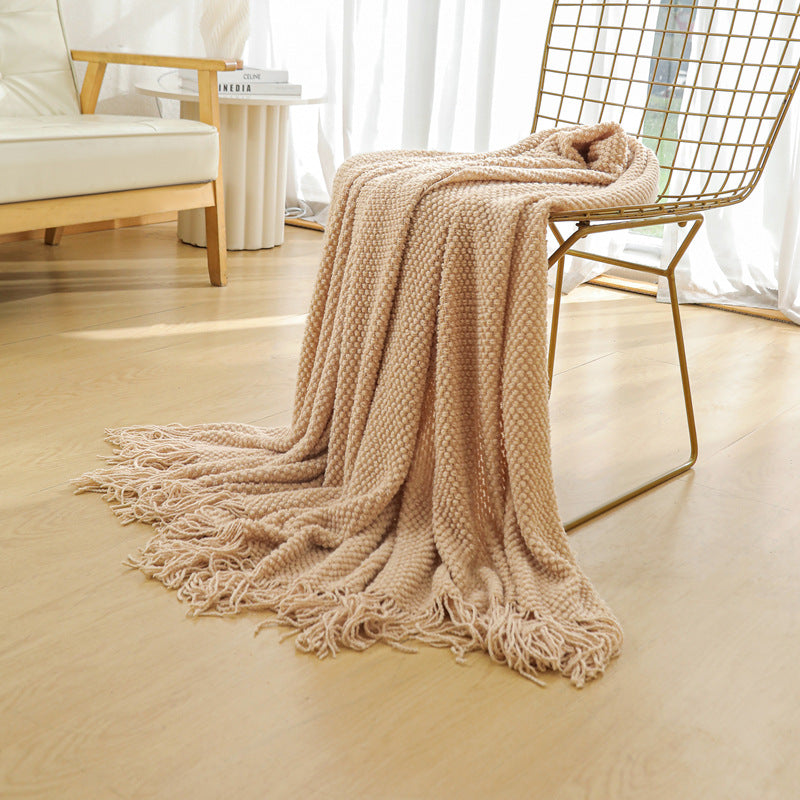 Beige Premium Woven Knitted Throw Blanket with Tassels | Soft, Cozy Sofa & Bed Blanket, Perfect for Office or Afternoon Naps 127x172cm