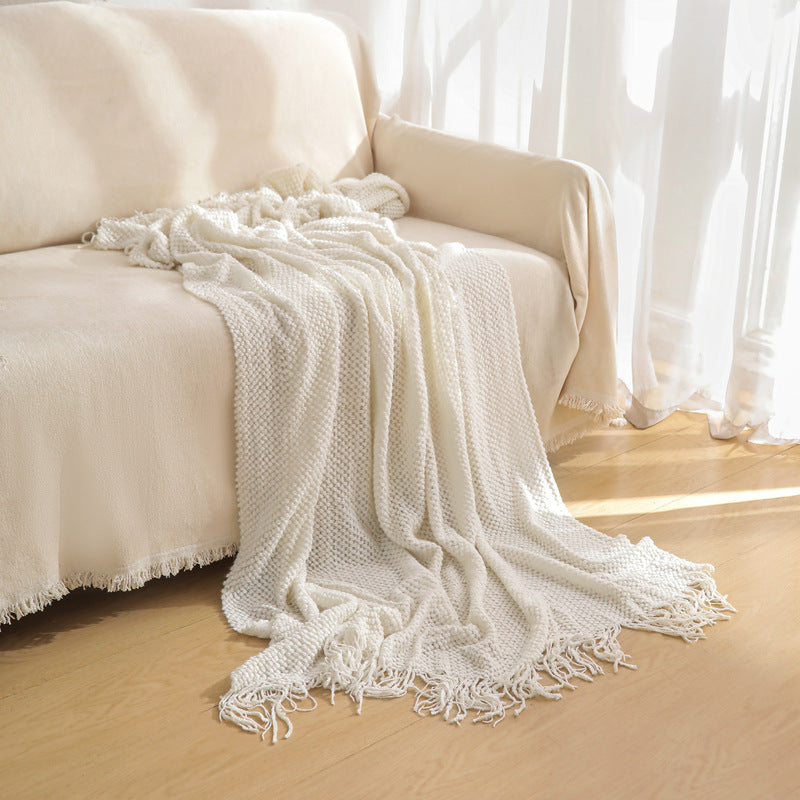 Beige Premium Woven Knitted Throw Blanket with Tassels | Soft, Cozy Sofa & Bed Blanket, Perfect for Office or Afternoon Naps 127x172cm