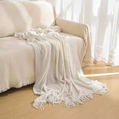 Beige Premium Woven Knitted Throw Blanket with Tassels | Soft, Cozy Sofa & Bed Blanket, Perfect for Office or Afternoon Naps 127x172cm