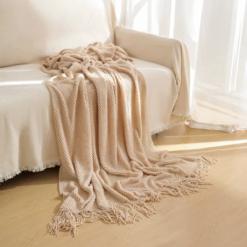 Beige Premium Woven Knitted Throw Blanket with Tassels | Soft, Cozy Sofa & Bed Blanket, Perfect for Office or Afternoon Naps 127x172cm