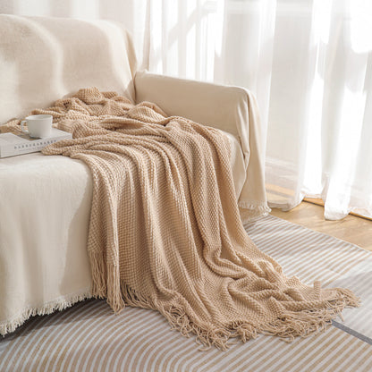 Khaki Premium Woven Knitted Throw Blanket with Tassels | Soft, Cozy Sofa & Bed Blanket, Perfect for Office or Afternoon Naps 127x172cm