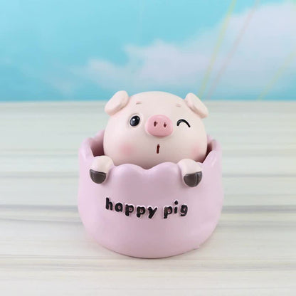 2 pcs Pink Cute Pig Head Bobble Head Car Ornament | Resin Pig Doll for Car Dashboard Decoration 6.5x7cm