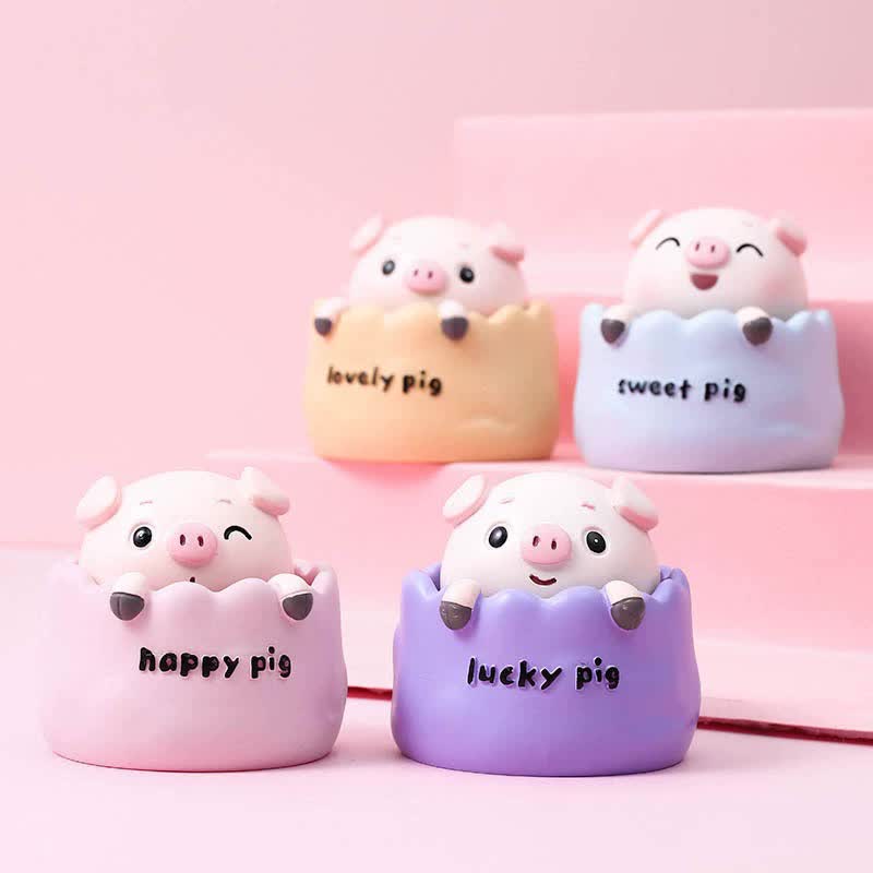 2 pcs Pink Cute Pig Head Bobble Head Car Ornament | Resin Pig Doll for Car Dashboard Decoration 6.5x7cm