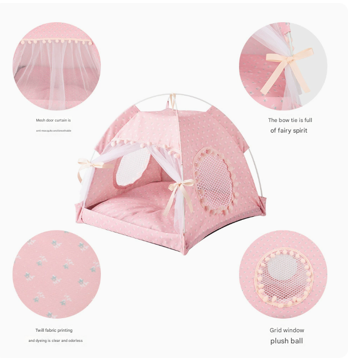 Pink Floral Portable Folding Pet Tent - Summer Cat & Dog Shelter with Mesh Window, Lightweight and Breathable, Ideal for Travel & Home Use 35x35x30CM