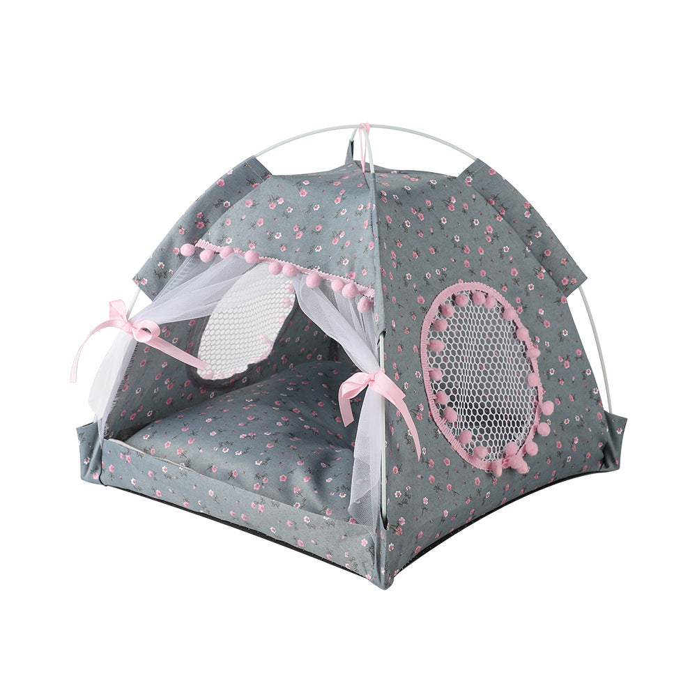 Gray floral Portable Folding Pet Tent - Summer Cat & Dog Shelter with Mesh Window, Lightweight and Breathable, Ideal for Travel & Home Use 50x50x45CM