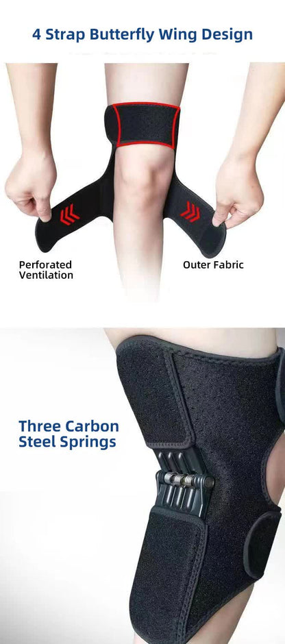 1 Pair Black Adjustable Knee Brace Support with Spring Booster – Patella Stabilizer for Squats, Hiking, and Outdoor Sports