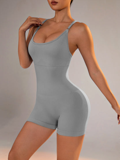 Size XS Light Grey Nylon Seamless Yoga Bodysuit - Women's Athletic Romper, Crisscross Back, Workout Jumpsuit