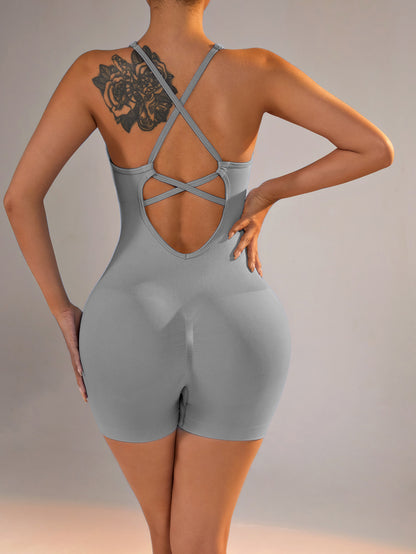 Size XS Light Grey Nylon Seamless Yoga Bodysuit - Women's Athletic Romper, Crisscross Back, Workout Jumpsuit