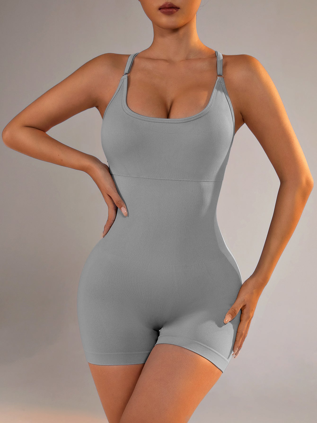 Size XS Light Grey Nylon Seamless Yoga Bodysuit - Women's Athletic Romper, Crisscross Back, Workout Jumpsuit