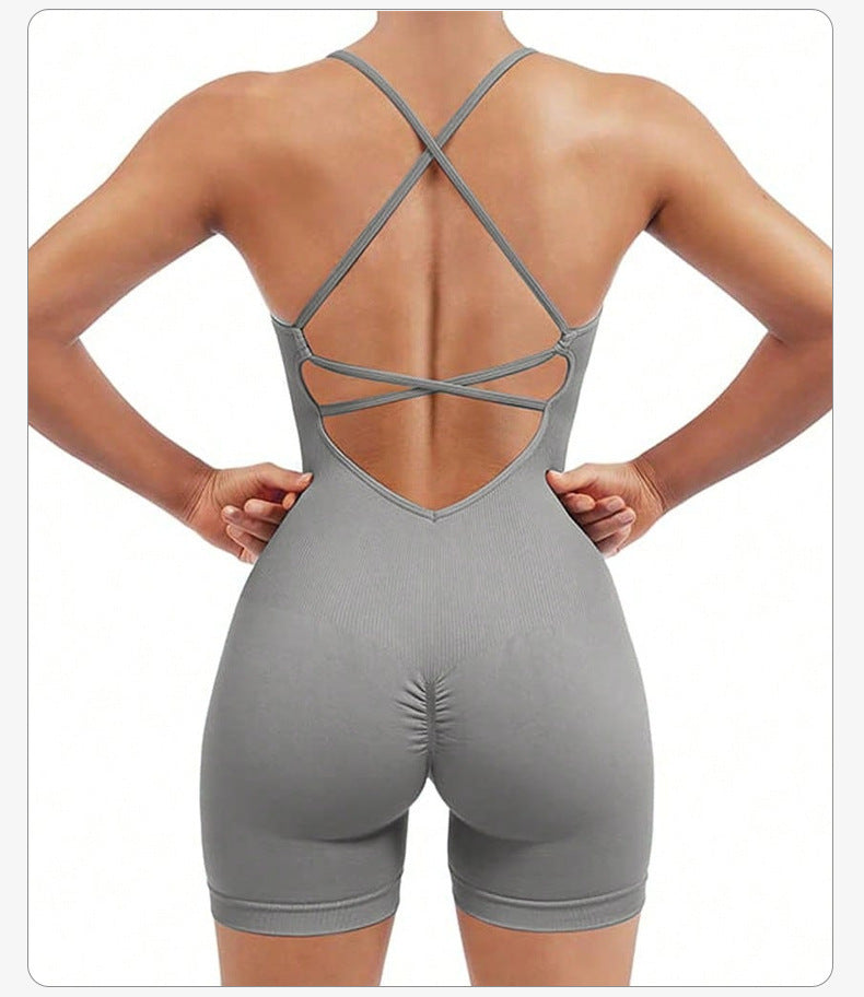 Size S Light Grey Nylon Seamless Yoga Bodysuit - Women's Athletic Romper, Crisscross Back, Workout Jumpsuit