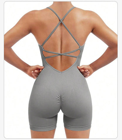 Size L Light Grey Nylon Seamless Yoga Bodysuit - Women's Athletic Romper, Crisscross Back, Workout Jumpsuit