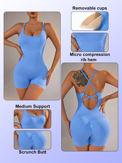 Size L Light Blue Nylon Seamless Yoga Bodysuit - Women's Athletic Romper, Crisscross Back, Workout Jumpsuit