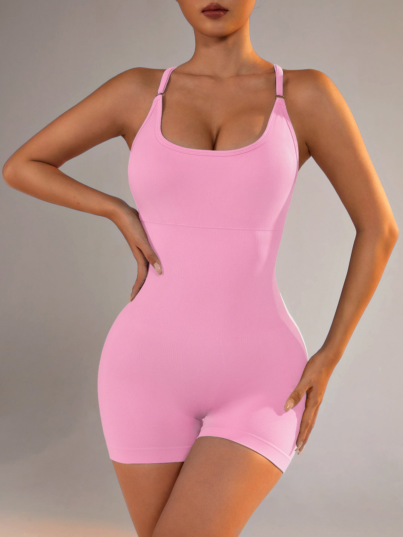 Size L Light Pink Grey Nylon Seamless Yoga Bodysuit - Women's Athletic Romper, Crisscross Back, Workout Jumpsuit