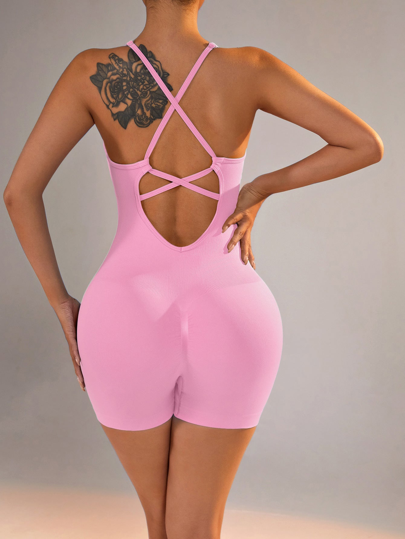 Size M Light Pink Grey Nylon Seamless Yoga Bodysuit - Women's Athletic Romper, Crisscross Back, Workout Jumpsuit