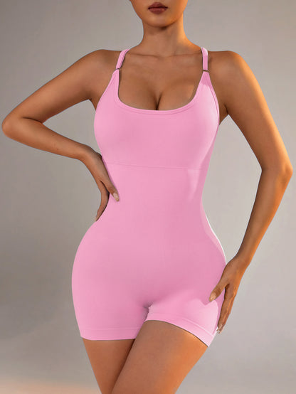 Size M Light Pink Grey Nylon Seamless Yoga Bodysuit - Women's Athletic Romper, Crisscross Back, Workout Jumpsuit