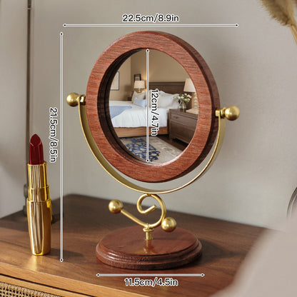 Gold and Brown Vintage Solid Wood Makeup Mirror - 360° Rotating Desktop Vanity Mirror