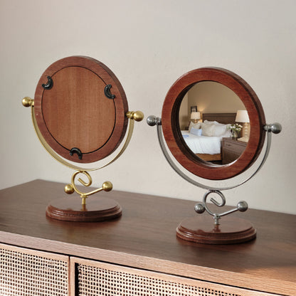 Gold and Brown Vintage Solid Wood Makeup Mirror - 360° Rotating Desktop Vanity Mirror