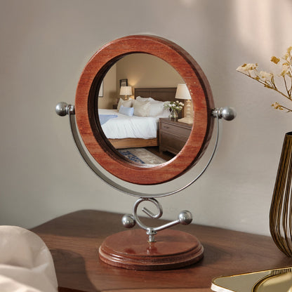 Gold and Brown Vintage Solid Wood Makeup Mirror - 360° Rotating Desktop Vanity Mirror