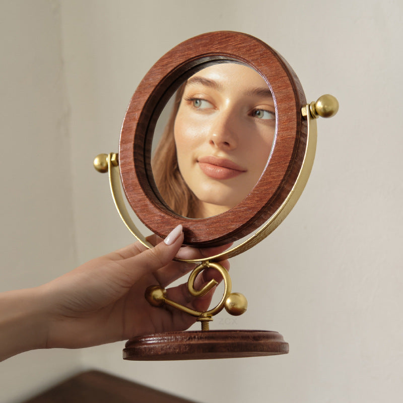 Gold and Brown Vintage Solid Wood Makeup Mirror - 360° Rotating Desktop Vanity Mirror